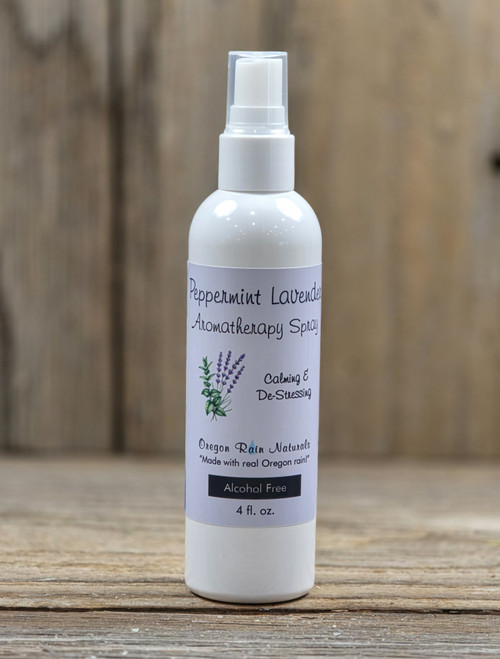 A fine mist spray in a white 4 oz bottle with the pure scent of peppermint essential oil and lavender essential oil